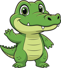 Naklejka premium Adorable and friendly cartoon baby alligator waving hello, a charming illustration of a happy reptile character with a big smile, perfect for children's designs and animal themes