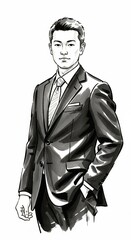 ビジネスマンの墨絵イラスト：20代日本人男性の自信に満ちた表情とスーツ姿