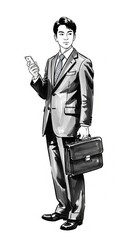 ビジネスマンの墨絵イラスト：20代日本人男性の自信に満ちた表情とスーツ姿
