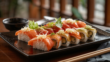 A neat plate of sushi with colorful fish, rice, and sauce, ready to eat with chopsticks