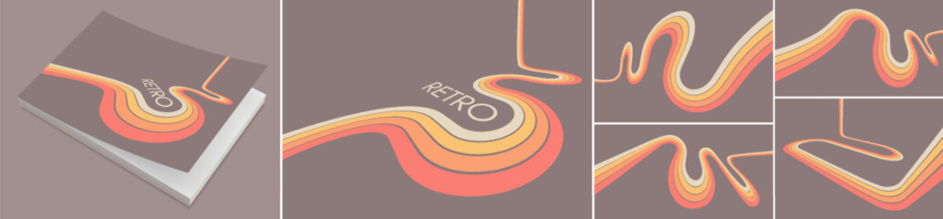 A retro 1970s-style background. Colorful lines. Abstract, dynamic curved ribbons. Softcover book layout. Cover design template. Vector illustration for brochure, planner, notebook or notepad. © Login