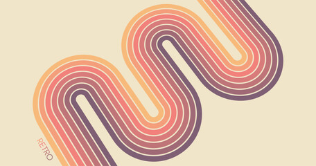 A retro 1970s-style background. Colorful lines. Abstract, dynamic curved ribbons. A serpentine curve of a race track. Designed for posters or banners for sports competitions. Vector illustration.