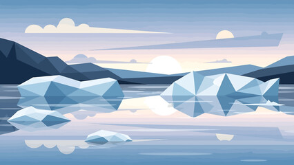 Geometric low poly icebergs floating in tranquil arctic ocean water. © Hadi