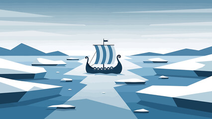 Ancient Viking longship navigating through icy arctic waters. © Hadi