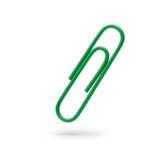 Obraz premium Single green color paper clip floating on white background. Bright metal stationery tool for office document organization. Realistic business attachment supply for school education paperwork
