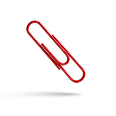 Obraz premium Single red color paper clip floating on white background. Bright metal stationery tool for office document organization. Realistic business attachment supply for school education paperwork
