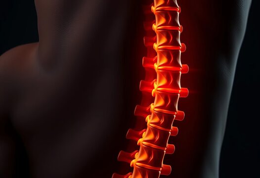Close-up of a curved spine showing lower back pain, injury, swelling