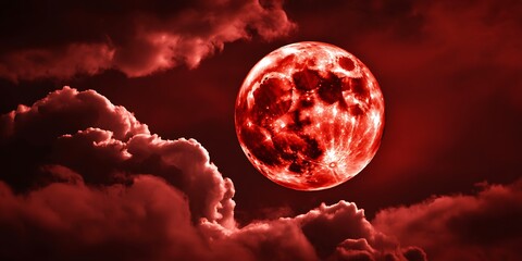 A dramatic red moon shines brightly through dark swirling storm clouds