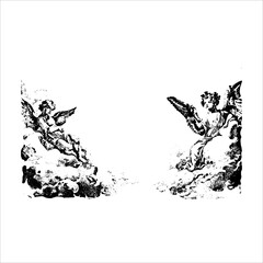 Obraz premium Paired Cherub Angels Resting on Clouds Illustration