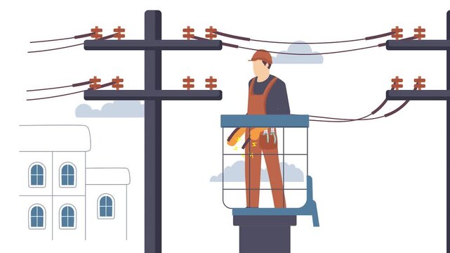 lineperson doing maintenance on utility pole animation, Technician Fixing Transmission animated video, Electrician Profession Clip, Low High Voltage Power Supply footage, Handyman Repairman motion