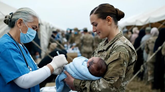 Nurse vaccinates baby held by soldier at refugee camp tent. Medical worker gives vaccine to infant in soldier arms. Nurse helps baby at humanitarian camp. Soldier holds infant for vaccine at camp.