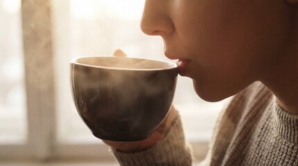 A moment of pure tranquility as a person sips from a steaming cup, enveloped in the gentle warmth of a cozy morning. The scene, imbued with an atmosphere of calm and relaxation.