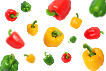 Falling Bell Peppers Assortment in Mid Air for Fresh Grocery and Food Concept on Transparent Background png