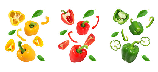 Bell Pepper Variety with Leaves for Fresh Food and Cooking Concept on Transparent Background png