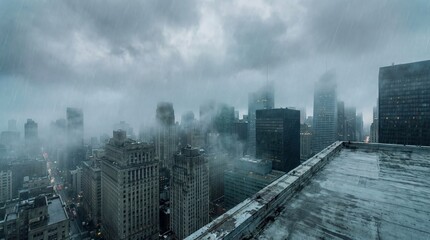 A cityscape shrouded in a thick mist during a storm, with towering skyscrapers and buildings, creating an atmosphere of mystery and grandeur.