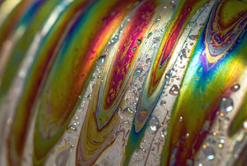 Fototapeta premium Colorful Iridescent Abstract Pattern: Macro Photography of Shiny Liquid Surface with Bubbles and Vibrant Colors in Fluid Art Design