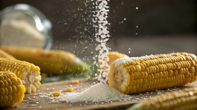 Fresh Corn on the Cob with Flour Sprinkling Down on a Rustic Wooden Table Top ...