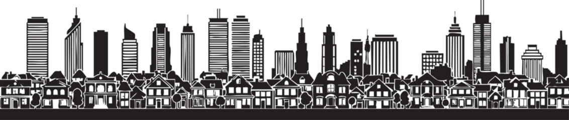 Obraz premium City Skyline and Suburban Neighborhood Houses Black and White Silhouette.