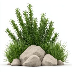 Lush Green Grass and Shrubbery with Light Gray Rocks on a Clean White Surface
