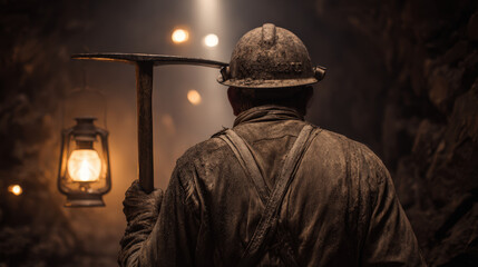 Mining action scene underground mine photograph dark environment rear view labor and industry concept