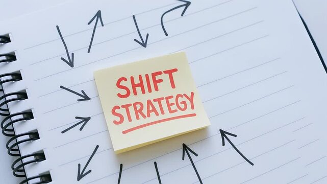 Shift strategy concept with arrows pointing to sticky note on spiral notebook symbolizing focus change planning success growth approach for business personal goals