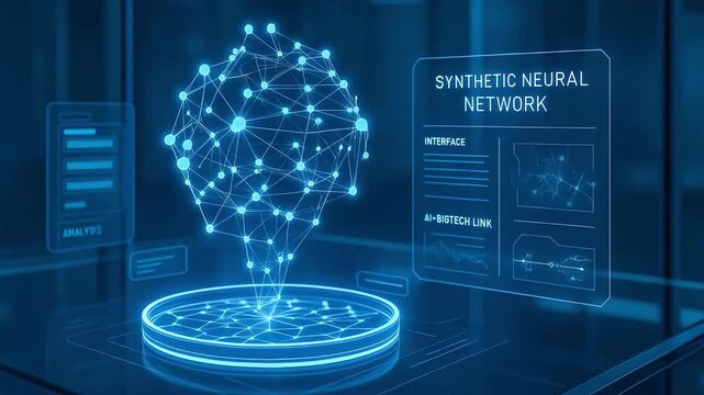 Synthetic neural network hologram with glowing blue nodes and connections floating above digital platform, futuristic artificial intelligence technology interface featuring data analysis and AI