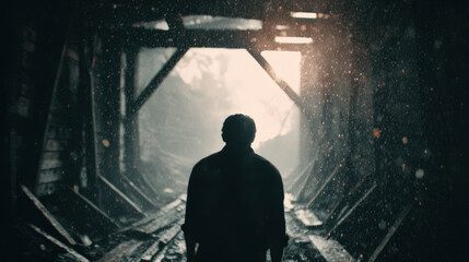 Mysterious figure walking through rainy mine tunnel abandoned location dramatic scene dark atmosphere rear view exploration