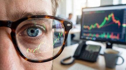 Focused gaze through glasses, charting financial trends, in the dynamic world of business and investment.