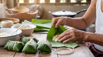 A seasoned artisan meticulously crafts traditional delicacies, delicately wrapping fragrant rice in vibrant green banana leaves, showcasing cultural heritage.