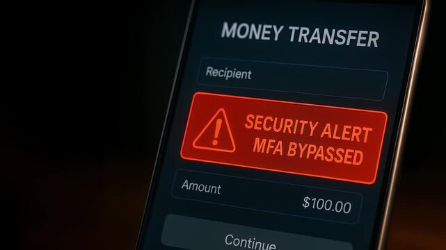 Mobile phone screen money transfer security alert warning MFA bypassed highlighting cybersecurity risk online fraud financial fraud concern urgent protection needed