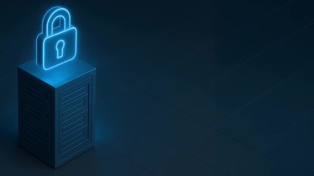 Glowing padlock icon on a secure server cabinet in a dark digital environment, symbolizing data protection, server security, encrypted storage, and safe cloud computing.