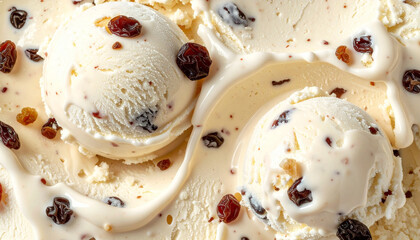 ラムレーズンが散りばめられた濃厚アイスクリーム表面の贅沢マクロテクスチャ – Macro Texture of Rum Raisin Ice Cream with Creamy Surface and Raisin Pieces