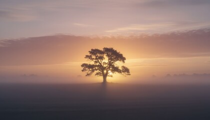 Misty Dawn Sunrise Behind Solitary Tree in Open Field with Soft Golden Light and Hazy Sky