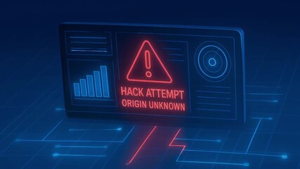 Holographic computer screen warning hack attempt unknown origin futuristic digital environment glowing red blue tones cybersecurity threat alert data charts radar interface - Powered by Adobe