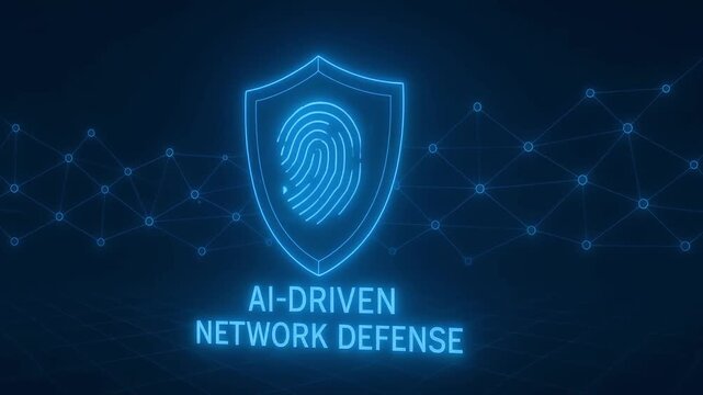 AI driven network defense with digital fingerprint shield, laser beam, and connected nodes symbolizing advanced cybersecurity protection, digital technology, and AI powered network protection