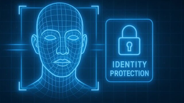 Digital face recognition technology featuring wireframe human head and glowing lock symbol, identity protection with blue grid lines, secure personal data and privacy in digital technology