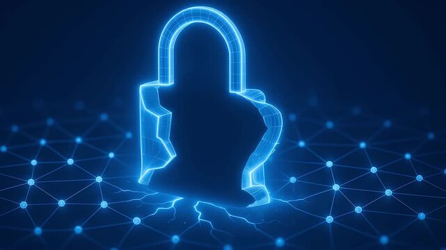 Glowing broken padlock icon over digital network background, representing cybersecurity breach, data leak, hacking, online vulnerability, and digital security threats.