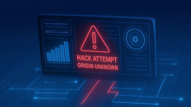 Holographic computer screen warning hack attempt unknown origin futuristic digital environment glowing red blue tones cybersecurity threat alert data charts radar interface