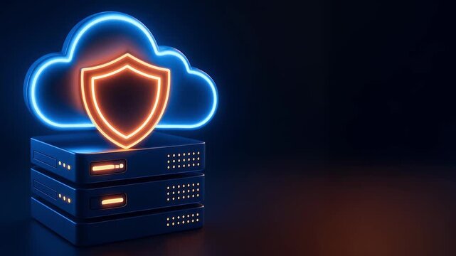 Cloud Security Server Data Protection Glowing Shield Icon Blue Neon Cloud Secure Database Digital Safety Futuristic Technology Cyber Defense Network Storage Privacy Backup