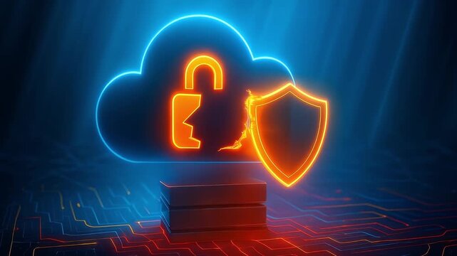 Cloud security breach with glowing broken padlock and shield, data protection vulnerability, cyber attack, digital encryption, privacy network, firewall, virtual secure system, futuristic defense