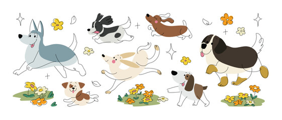 Hand drawn  of cute dogs smiling, shiny and lovely. Set of flat doodle cartoon vector illustration.