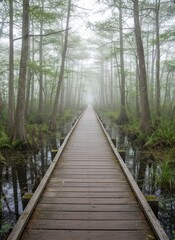 Wooden Boardwalk Path Through Misty Forest With Tall Green Trees and Calm Water Reflection