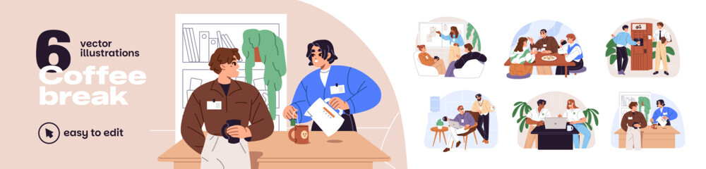 Coffee break set. Happy colleagues have lunch together. Team drinks tea and talks while work. Employees, workers have a breakfast in office kitchen. Flat isolated vector illustrations on white.