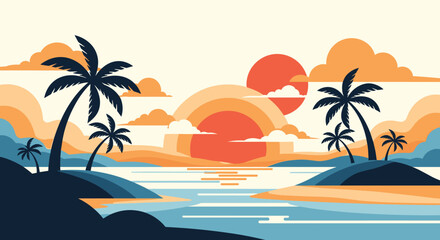 Obraz premium Tropical beach landscape with palm tree silhouettes against a retro sunset featuring layered orange and yellow sun rays.