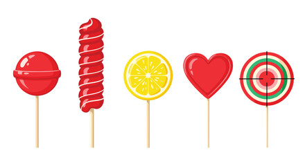 Assortment of five colorful lollipops in different shapes and flavors including heart circle and lemon slice designs.