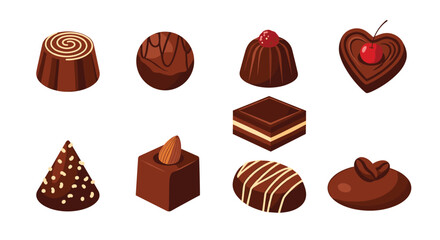 Assorted collection of gourmet chocolate pralines and truffles in various shapes and flavors for a sweet confectionery display.