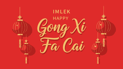 Festive Chinese New Year Greeting Card with Traditional Red Lanterns and Chinese Characters