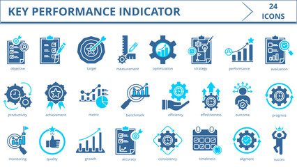 Obraz premium key performance indicator icon set collection in dual tone style. Icon pack contain KPI, objective, accountability ,target, measurement, optimization, strategy, performance, evaluation