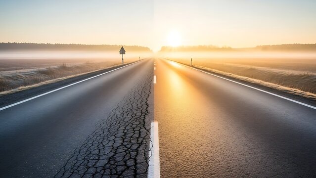Asphalt Road Split Cracked Smooth Leading Horizon Sunrise Foggy