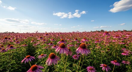 Field of blooming purple coneflowers under a blue sky. Echinacea plants growing for medicinal ingredient. Herbal medicine and healing concept.
